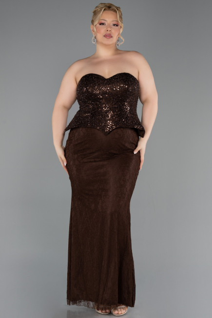 Abendgarderobe in Großen Größen Lang Spitze Braun ABU6361