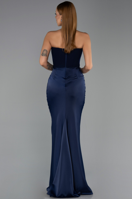 Abendkleid im Meerjungfrau-Stil Lang Satin Marineblau ABU5820