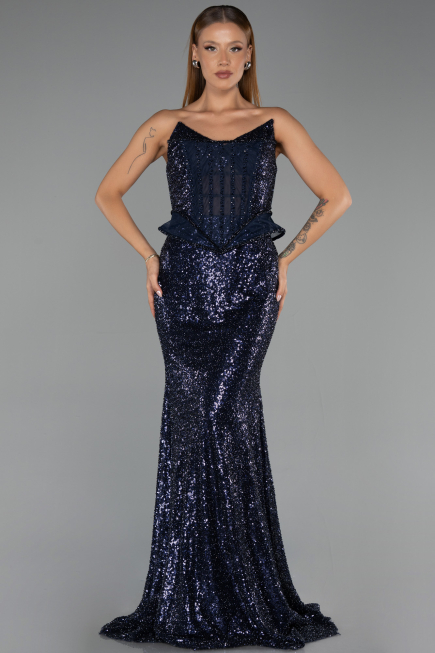 Abendkleid Lang Perlenbesetzt Marineblau ABU6444