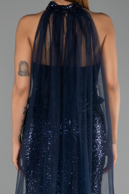 Abendkleid Lang Perlenbesetzt Marineblau ABU6444