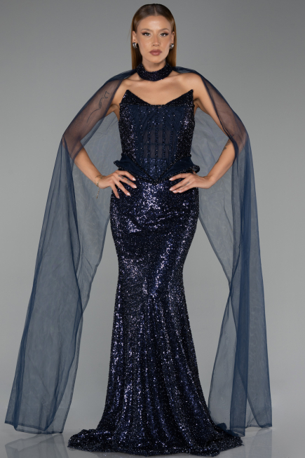 Abendkleid Lang Perlenbesetzt Marineblau ABU6444
