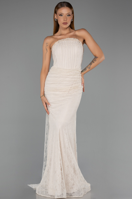 Abendkleid im Meerjungfrau-Stil Lang Spitze Beige ABU6256