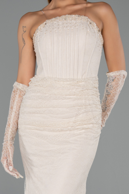 Abendkleid im Meerjungfrau-Stil Lang Spitze Beige ABU6256
