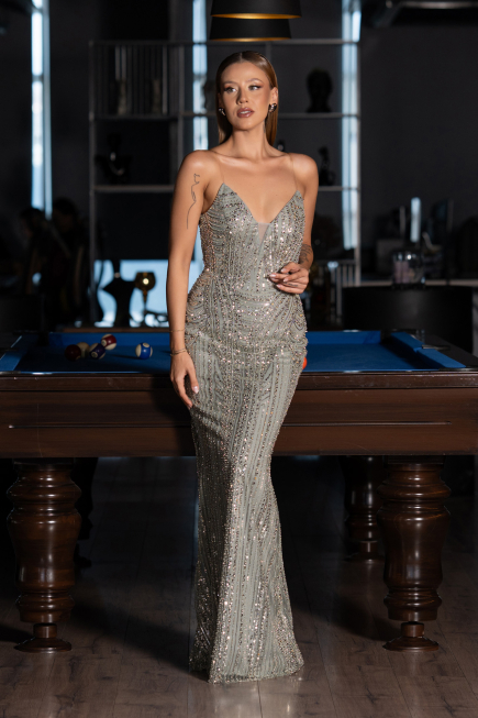 Abendkleid Lang Perlenbesetzt Minzgrün ABU6433
