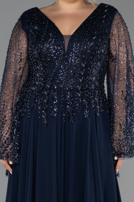Abendkleider in Großen Größen Lang Chiffon Marineblau ABU6434