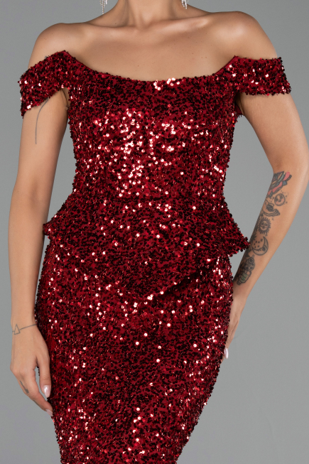 Abendkleid Lang Schuppig Weinrot ABU6359