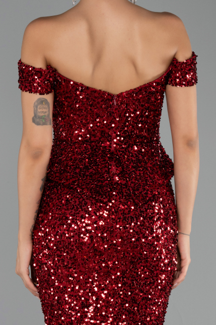 Abendkleid Lang Schuppig Weinrot ABU6359