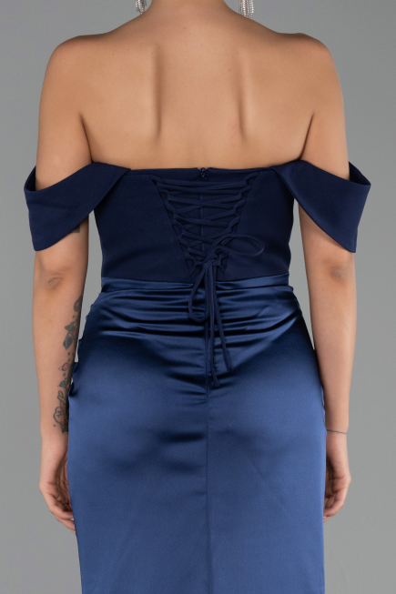 Abendkleid im Meerjungfrau-Stil Lang Satin Marineblau ABU6525