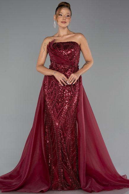 Abendkleid Lang Perlenbesetzt Weinrot ABU5511