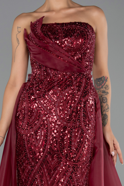 Abendkleid Lang Perlenbesetzt Weinrot ABU5511