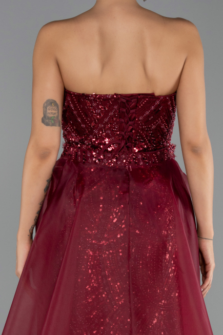 Abendkleid Lang Perlenbesetzt Weinrot ABU5511