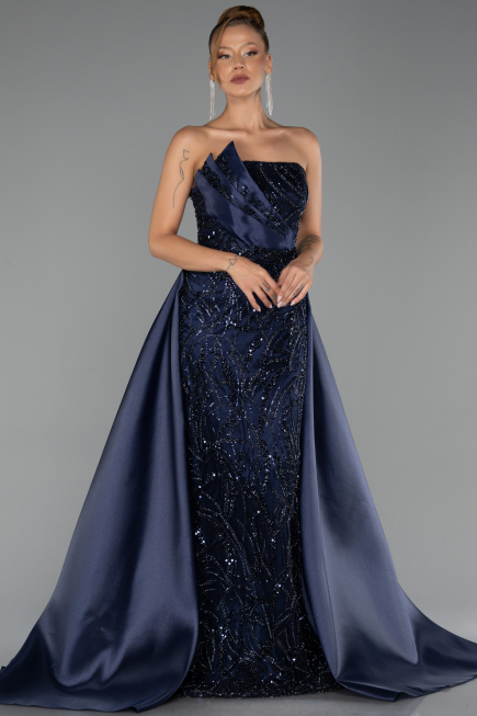 Abendkleid Lang Perlenbesetzt Marineblau ABU5511