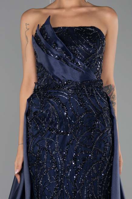 Abendkleid Lang Perlenbesetzt Marineblau ABU5511