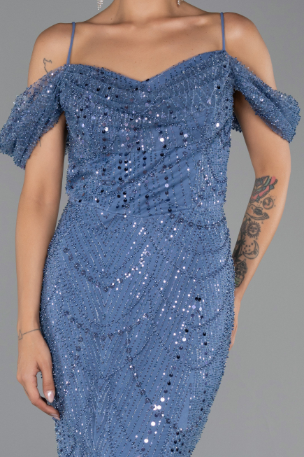 Abendkleid Lang Perlenbesetzt Indigo ABU6190