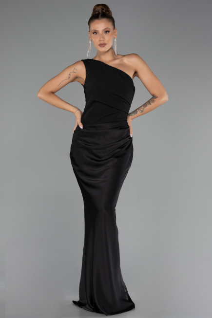 Abschlusskleid Lang Satin Schwarz ABU6331