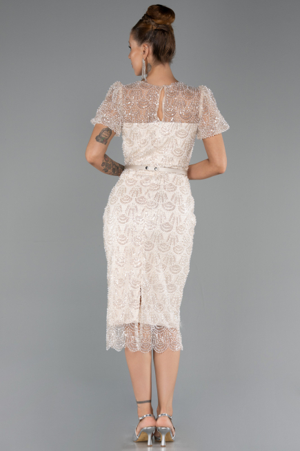 Partykleid Midi Perlenbesetzt Beige ABK2412