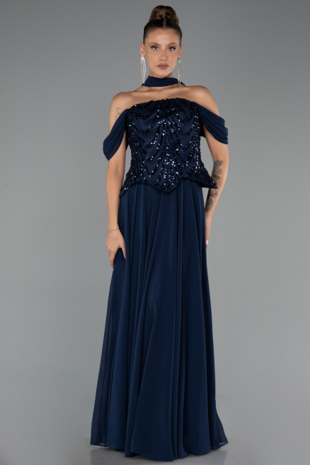Abendgarderobe in Großen Größen Lang Chiffon Marineblau ABU6535