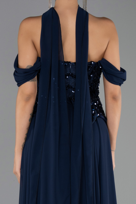 Abendgarderobe in Großen Größen Lang Chiffon Marineblau ABU6535