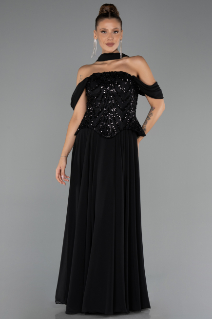 Abendgarderobe in Großen Größen Lang Chiffon Schwarz ABU6535