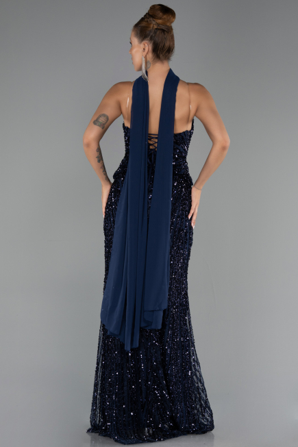 Abendkleid Lang Schuppig Marineblau ABU6534