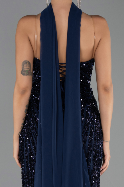 Abendkleid Lang Schuppig Marineblau ABU6534
