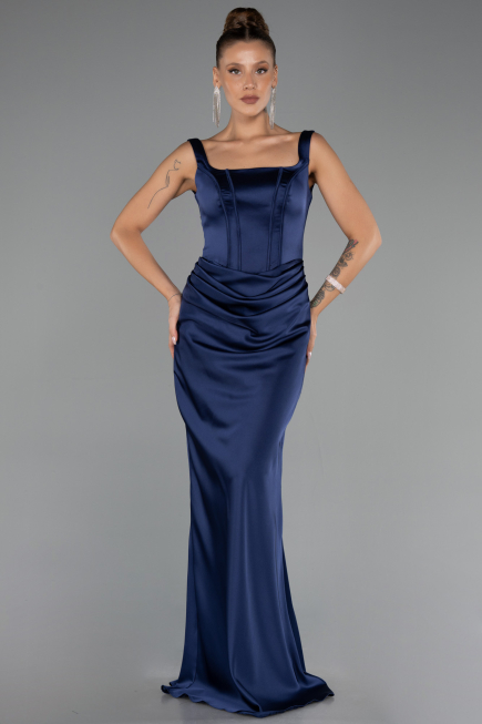 Kleider in Großen Größen Lang Satin Marineblau ABU6543