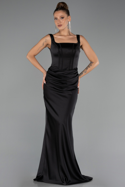 Kleider in Großen Größen Lang Satin Schwarz ABU6543