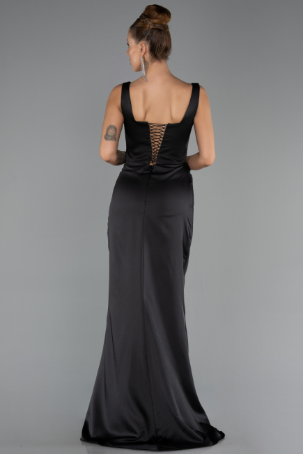 Kleider in Großen Größen Lang Satin Schwarz ABU6543