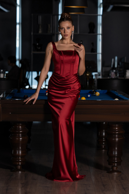Abschlusskleid Lang Satin Weinrot ABU6542