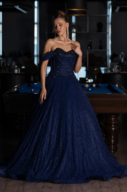 Abendkleid Lang Spitze Marineblau ABU6536