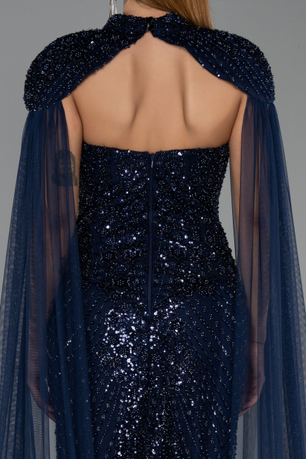 Abendkleid Lang Perlenbesetzt Marineblau ABU6544