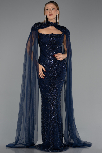 Abendkleid Lang Perlenbesetzt Marineblau ABU6544