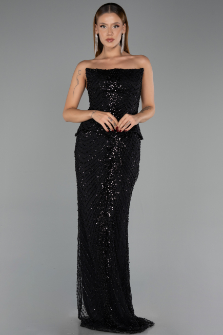 Abendkleid Lang Perlenbesetzt Schwarz ABU6544