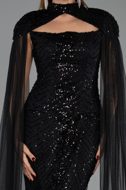 Abendkleid Lang Perlenbesetzt Schwarz ABU6544