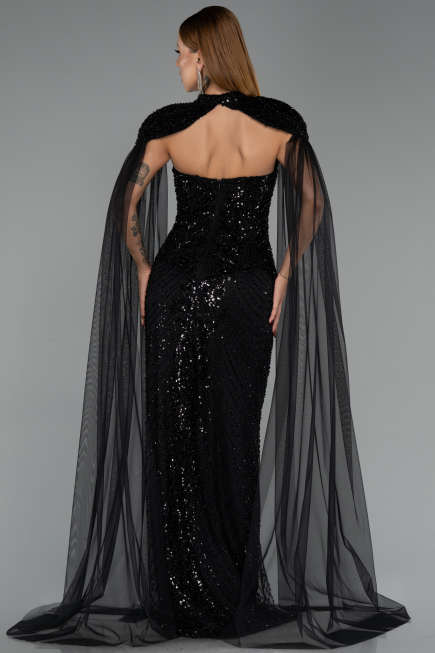 Abendkleid Lang Perlenbesetzt Schwarz ABU6544