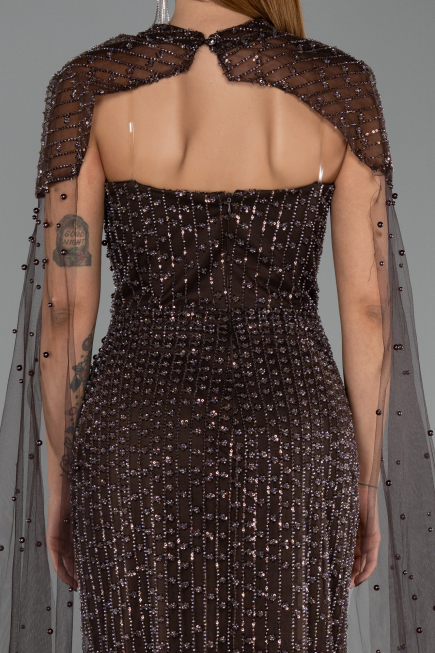Abendkleid Lang Perlenbesetzt Braun ABU5483