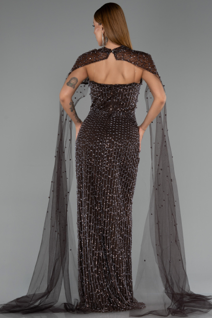 Abendkleid Lang Perlenbesetzt Braun ABU5483