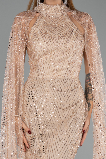 Abendkleid Lang Perlenbesetzt Gold ABU6154