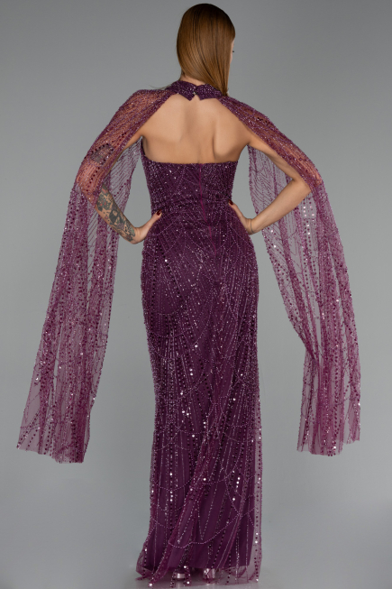 Abendkleid Lang Perlenbesetzt Pflaume ABU6154