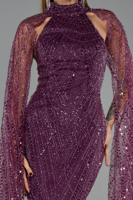 Abendkleid Lang Perlenbesetzt Pflaume ABU6154