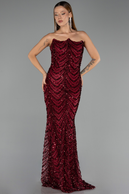 Abendkleid Lang Schuppig Weinrot ABU6298