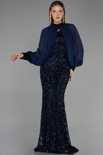 Abendkleid Lang Schuppig Marineblau ABU6298