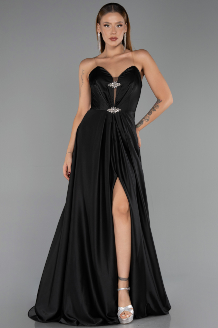 Abendkleid Lang Satin Schwarz ABU6553