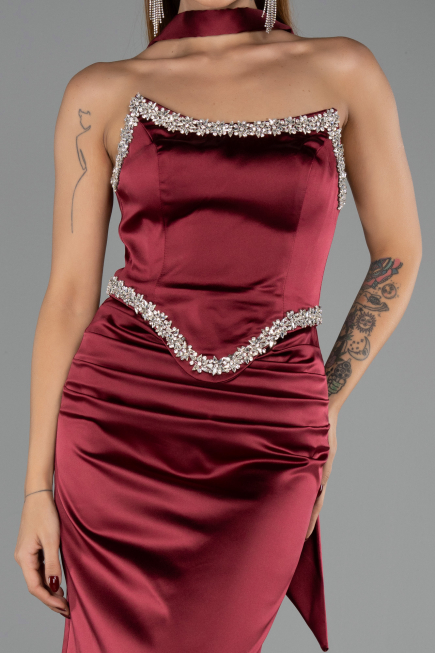 Abendkleid Lang Satin Weinrot ABU6554