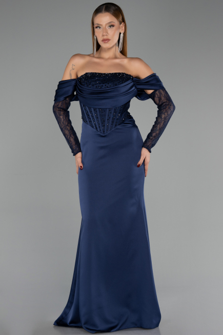 Abendkleid Lang Satin Marineblau ABU6555