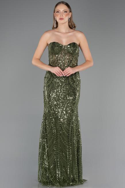 Abendkleid Lang Perlenbesetzt Khaki ABU6564