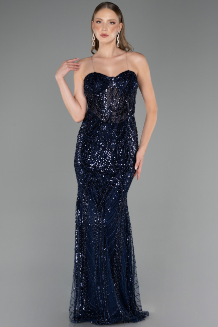 Abendkleid Lang Perlenbesetzt Marineblau ABU6564