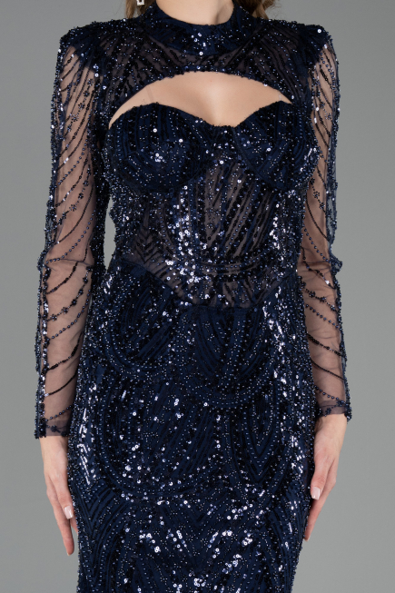 Abendkleid Lang Perlenbesetzt Marineblau ABU6564