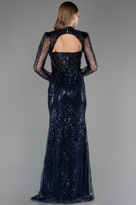 Abendkleid Lang Perlenbesetzt Marineblau ABU6564