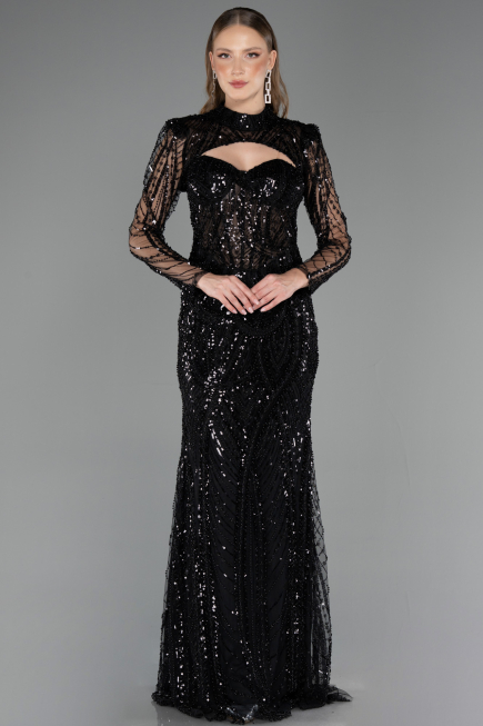 Abendkleid Lang Perlenbesetzt Schwarz ABU6564